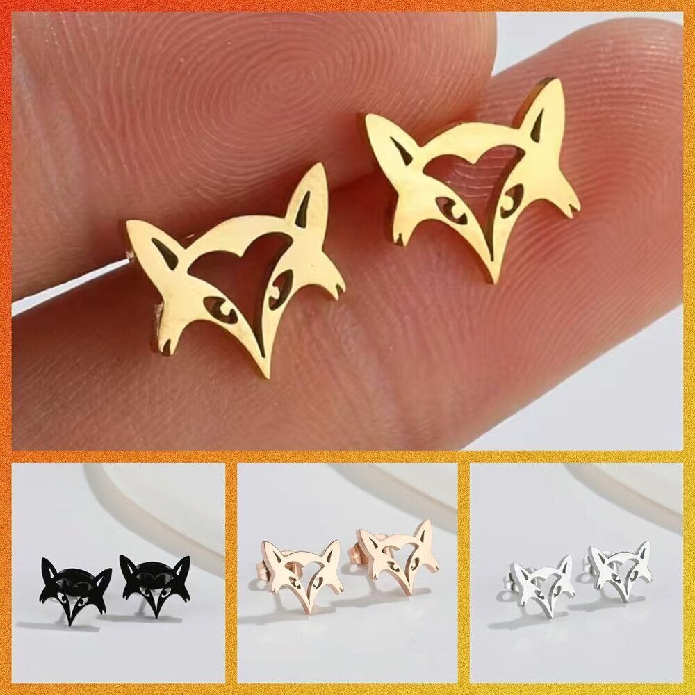 Fox Face Stainless Steel Stud Earrings #816 (Color: Yellow Gold)